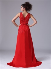 Exquisite V-neck Appliques Side Cut-outs Red Prom Gowns Attend Opera Show