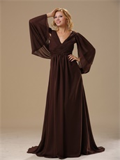 V-Neck Winglike Sleeves Modest Brown Chiffon Bride Mother Dress Old Fashion