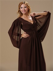 V-Neck Winglike Sleeves Modest Brown Chiffon Bride Mother Dress Old Fashion