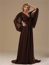 V-Neck Winglike Sleeves Modest Brown Chiffon Bride Mother Dress Old Fashion