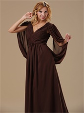 V-Neck Winglike Sleeves Modest Brown Chiffon Bride Mother Dress Old Fashion