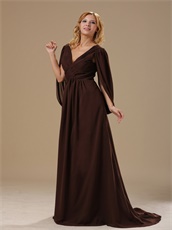 V-Neck Winglike Sleeves Modest Brown Chiffon Bride Mother Dress Old Fashion