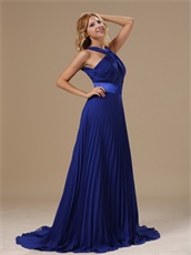 Decent Halter Top Royal Blue Chiffon Pleat Skirt Evening Dress Essentials