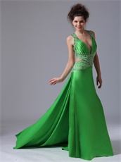 Featured V-neck Watteau Cross Back Waist Cut Out Spring Green Dancing Dress