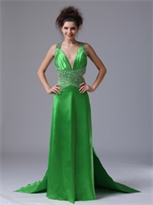 Featured V-neck Watteau Cross Back Waist Cut Out Spring Green Dancing Dress