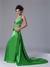 Featured V-neck Watteau Cross Back Waist Cut Out Spring Green Dancing Dress