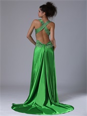 Featured V-neck Watteau Cross Back Waist Cut Out Spring Green Dancing Dress