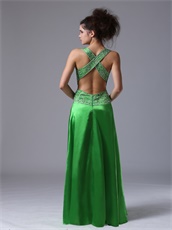 Featured V-neck Watteau Cross Back Waist Cut Out Spring Green Dancing Dress