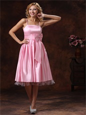 Spaghetti Straps Baby Pink Prom Dress With Bowknot Tea-length Discount