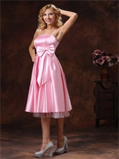 Spaghetti Straps Baby Pink Prom Dress With Bowknot Tea-length Discount