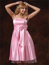 Spaghetti Straps Baby Pink Prom Dress With Bowknot Tea-length Discount