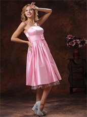 Spaghetti Straps Baby Pink Prom Dress With Bowknot Tea-length Discount