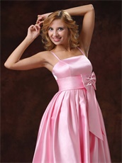 Spaghetti Straps Baby Pink Prom Dress With Bowknot Tea-length Discount