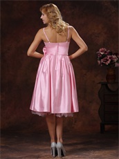 Spaghetti Straps Baby Pink Prom Dress With Bowknot Tea-length Discount