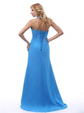 Stylish Sky Blue Halter Brush Train Inexpensive Prom Dress Girl Loved