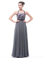 Grey Halter Ruched Women Evening Dress With Black Belt Low Price High Quality