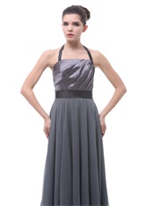 Grey Halter Ruched Women Evening Dress With Black Belt Low Price High Quality