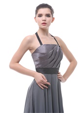 Grey Halter Ruched Women Evening Dress With Black Belt Low Price High Quality