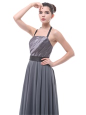 Grey Halter Ruched Women Evening Dress With Black Belt Low Price High Quality