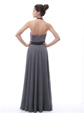 Grey Halter Ruched Women Evening Dress With Black Belt Low Price High Quality