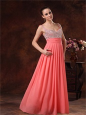 Double Straps Coral Chiffon Silver Beading Classic Style Prom Dress