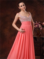 Double Straps Coral Chiffon Silver Beading Classic Style Prom Dress