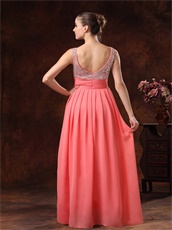 Double Straps Coral Chiffon Silver Beading Classic Style Prom Dress