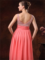 Double Straps Coral Chiffon Silver Beading Classic Style Prom Dress