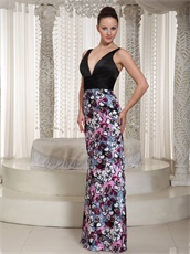 Deep V-neck Printed Fabric Skirt Black Column Special Occasion Prom Dress