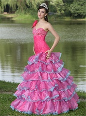 One Shoulder Lovely Style Fuchsia and Blue Alternate Layers Prom Dress