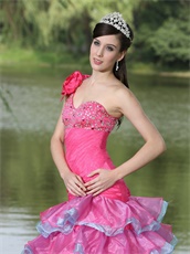 One Shoulder Lovely Style Fuchsia and Blue Alternate Layers Prom Dress