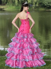 One Shoulder Lovely Style Fuchsia and Blue Alternate Layers Prom Dress
