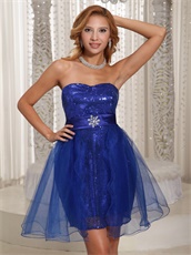 Dark Royal Blue Sequin Short Tulle Prom Dress Special Price