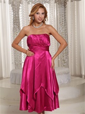 Concise Tea-length Glossy Fabric Fuchsia Bridesmaid Dress For Wedding