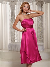 Concise Tea-length Glossy Fabric Fuchsia Bridesmaid Dress For Wedding