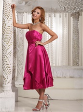 Concise Tea-length Glossy Fabric Fuchsia Bridesmaid Dress For Wedding