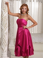 Concise Tea-length Glossy Fabric Fuchsia Bridesmaid Dress For Wedding