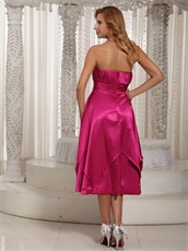 Concise Tea-length Glossy Fabric Fuchsia Bridesmaid Dress For Wedding