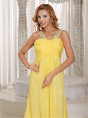 Wide Double Straps Bright Sun Yellow Floor Length Special Gathering Dress