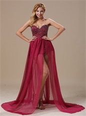 Burgundy Beaded Bodice Chiffon Unique Design Prom Dresses Without Lining