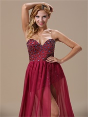 Burgundy Beaded Bodice Chiffon Unique Design Prom Dresses Without Lining