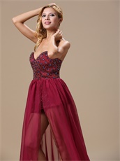 Burgundy Beaded Bodice Chiffon Unique Design Prom Dresses Without Lining