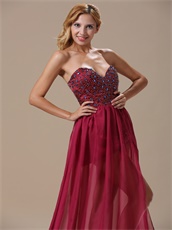 Burgundy Beaded Bodice Chiffon Unique Design Prom Dresses Without Lining