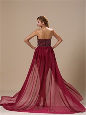 Burgundy Beaded Bodice Chiffon Unique Design Prom Dresses Without Lining