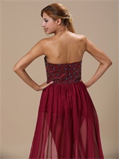 Burgundy Beaded Bodice Chiffon Unique Design Prom Dresses Without Lining