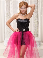 Personalized Paillette Short Black Prom Gowns With Hot Pink Layers Train