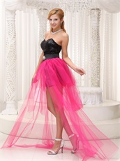 Personalized Paillette Short Black Prom Gowns With Hot Pink Layers Train