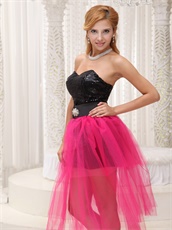 Personalized Paillette Short Black Prom Gowns With Hot Pink Layers Train