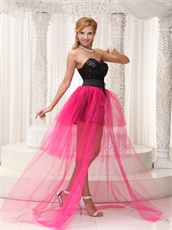 Personalized Paillette Short Black Prom Gowns With Hot Pink Layers Train
