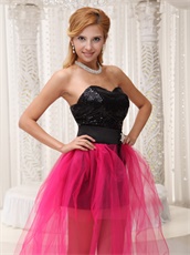 Personalized Paillette Short Black Prom Gowns With Hot Pink Layers Train